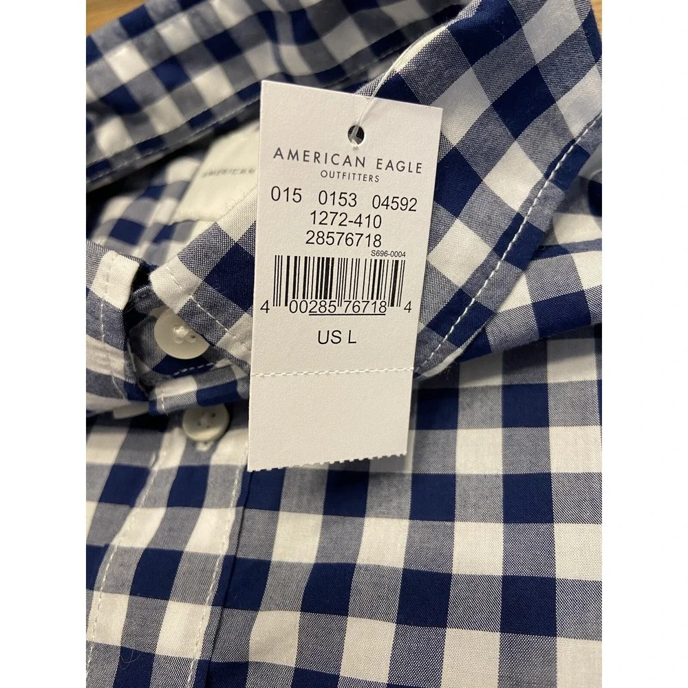 American Eagle Button Down‎ Shirt Blue White Plaid Long Sleeve Size Large New - Picture 9 of 10